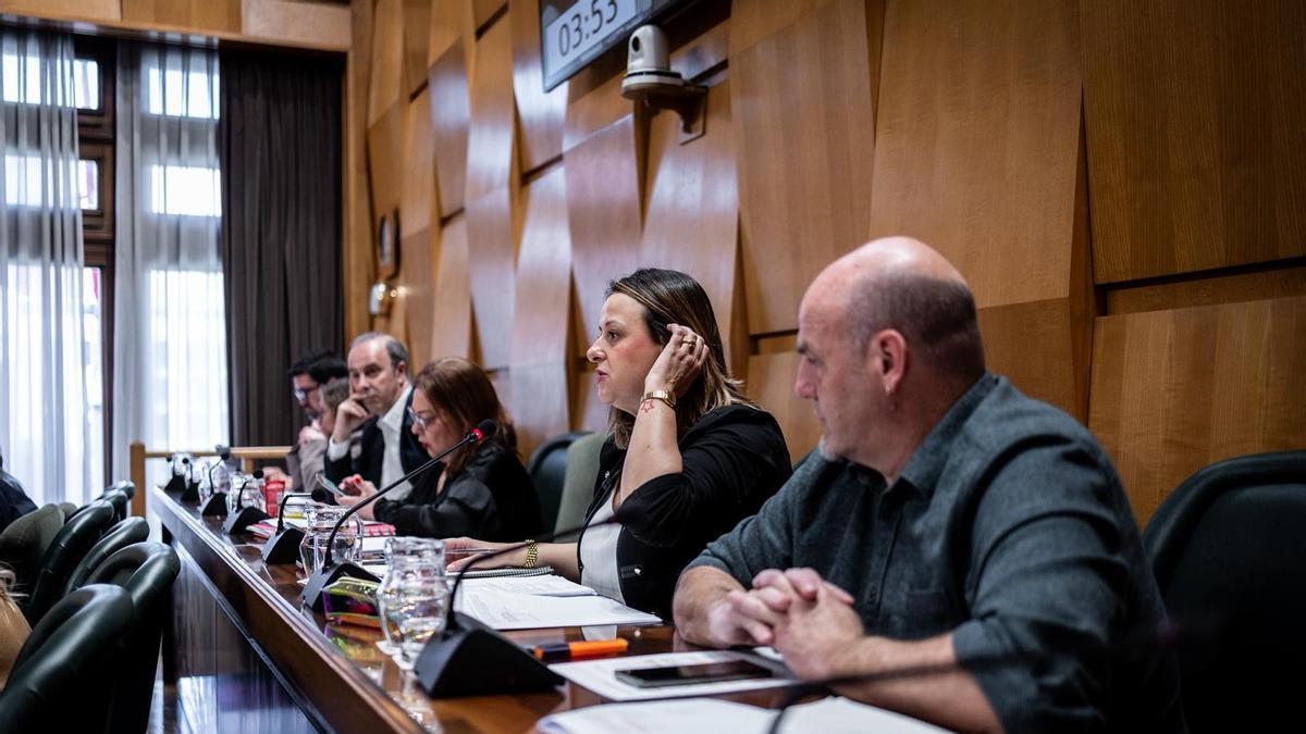 La portavoz de ZeC, Elena Tomás, en el centro de la imagen, en el pleno de este jueves.
