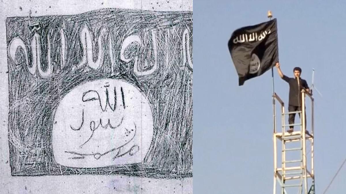 COMBO  pintada yihadista en una prisión castellana reproduce la bandera de ISIS, a la derecha.