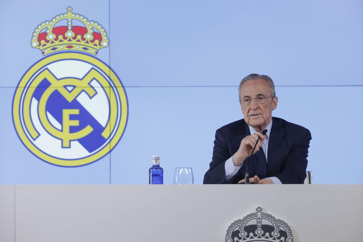 MADRID, 12/05/2026.- El presidente del Real Madrid, Florentino Pérez, ofrece una rueda de prensa este martes, en Madrid. Florentino Pérez afirmó este martes que no va a dimitir e informó de que ha pedido a la junta electoral que inicie el proceso electoral a las elecciones a la junta directiva a la que se va a presentar. EFE/ Juanjo Martín