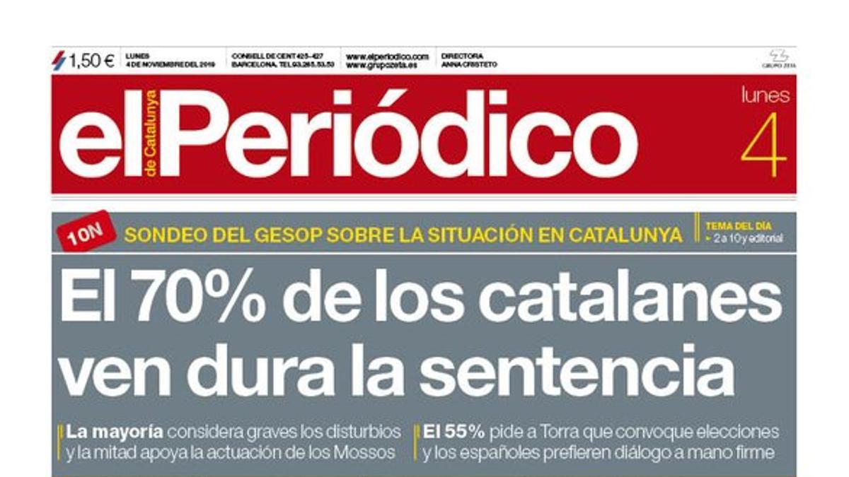 La portada de EL PERIÓDICO del 4 de noviembre del 2019.