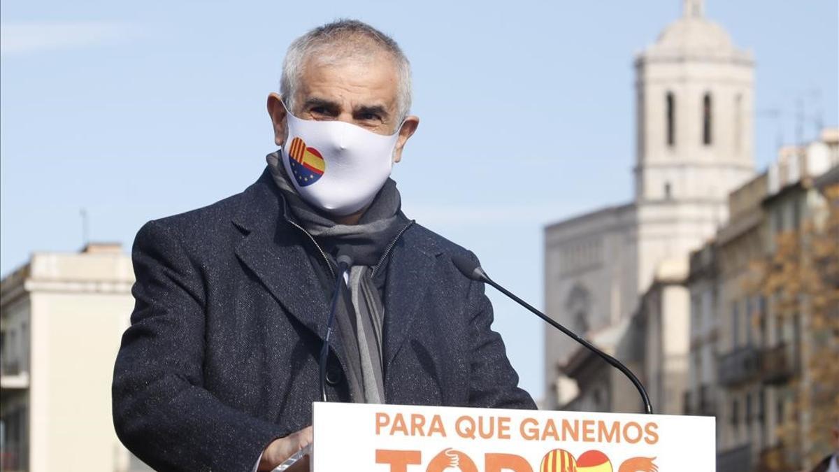 Pla mitja del candidat de Cs a la Generalitat  Carlos Carrizosa  durant un acte a Girona el 2 de febrer de 2021 (Horitzontal) Gerard Artigas ACN