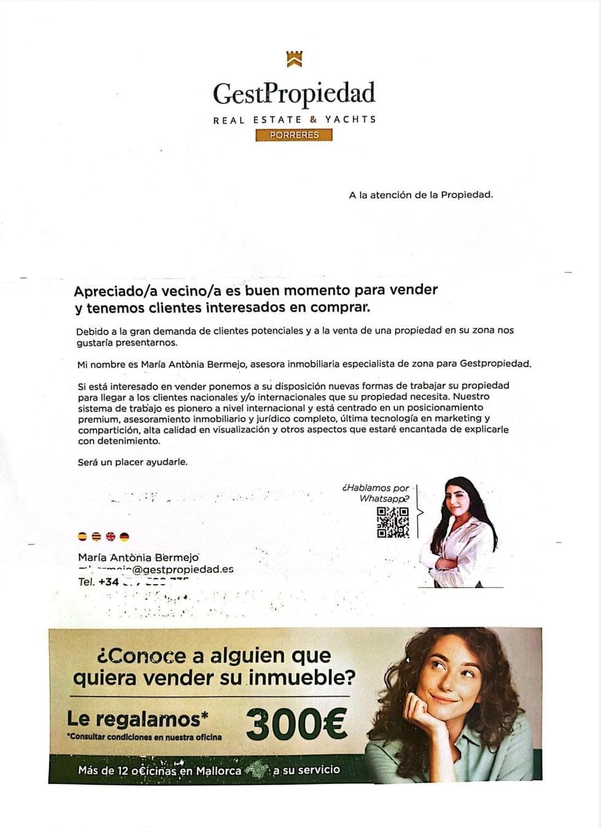 Esta es la carta que ha distribuido una inmobiliaria de la isla entre los buzones de Portocolom.