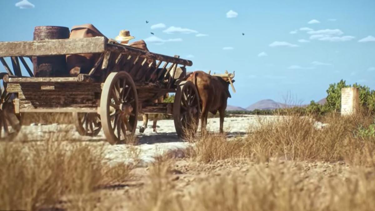 Recreación digital de un carro de bueyes transitando la antigua Hispania por una calzada romana.