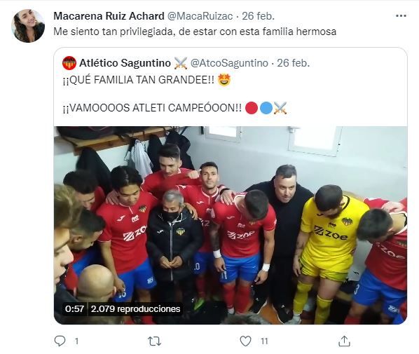 Un tuit de Macarena Ruiz Achard sobre el Atlético Saguntino