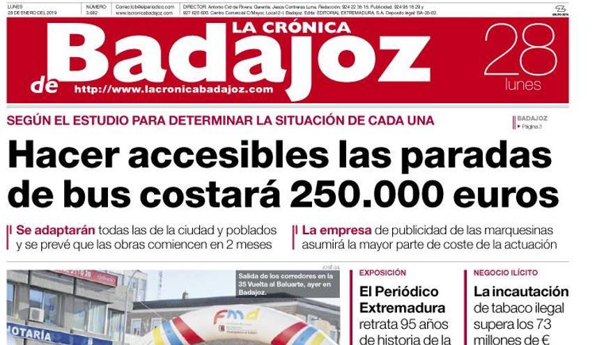 Esta es la portada de LA CRÓNICA DE BADAJOZ correspondiente al día 28 de enero del 2019