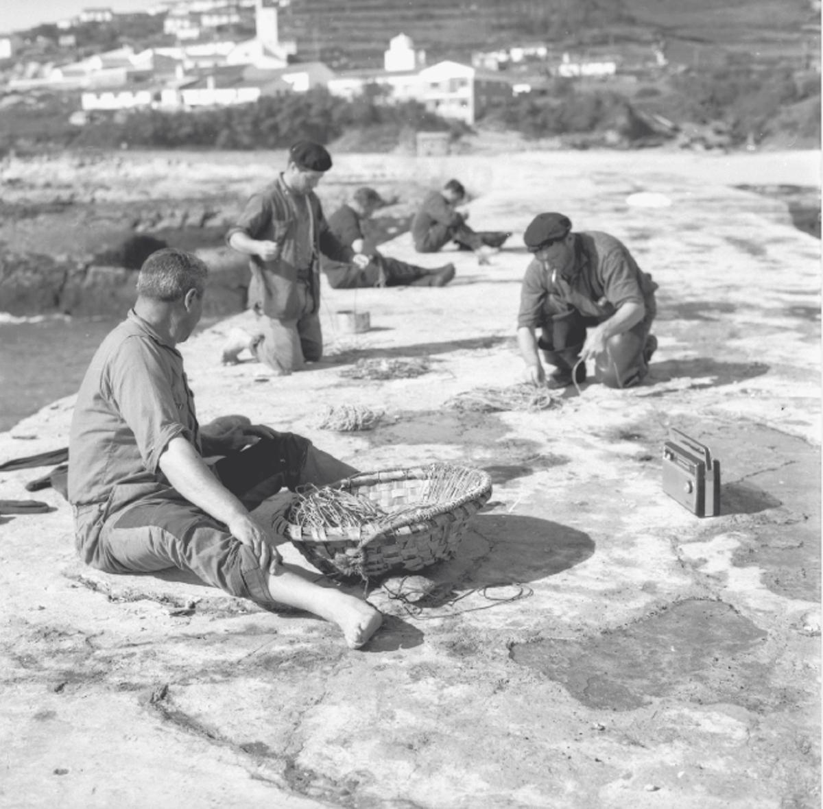 Un grupo de mariñeiros preparan o palangre sobre o peirao da illa de Ons antes de saír a pescar.