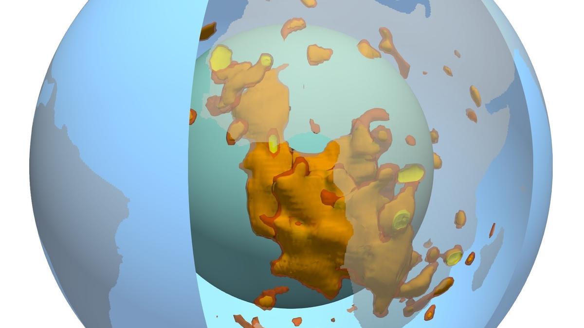 Vista en 3D de la mancha en el manto de la Tierra debajo de África, que se muestra con los colores rojo, amarillo y naranja. El color cian representa el límite entre el núcleo y el manto, el azul representa la superficie y el gris transparente representa los continentes.