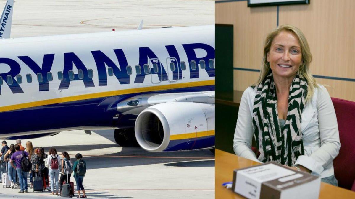 A la derecha, la catedrática de Derecho Mercantil de la Universitat Jaume I de Castellón, Mª Victoria Petit Lavall. Al lado, pasajeros suben a un avión de Ryanair.