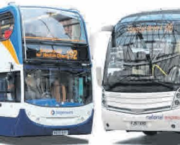 Autobús urbano de Stagecoach (izquierda) y autocar de rutas de largo recorrido de National Express.