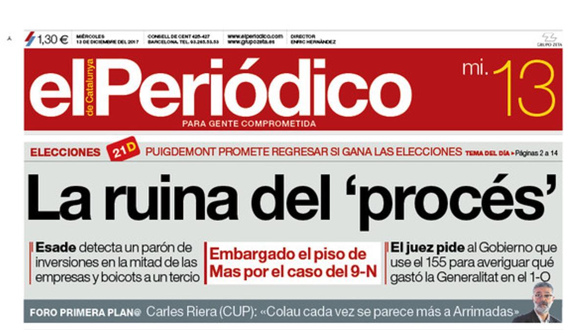 La portada de EL PERIÓDICO del 13 de diciembre del 2017