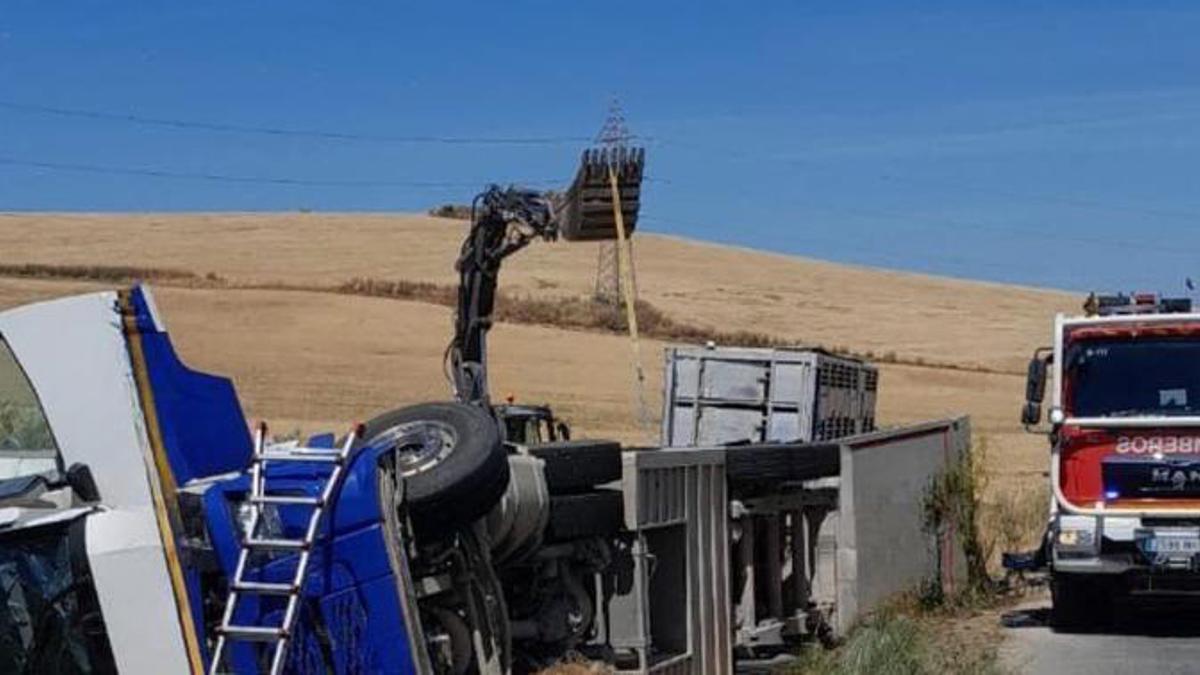 Un camión vuelca en el término municipal de Teba.