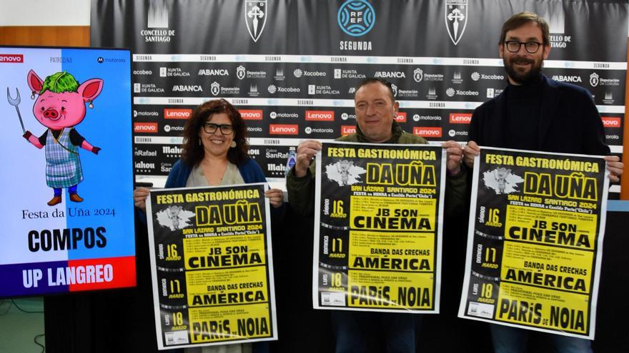 Pilar Lueiro, Fernando Neira y Miguel Fernández presentando el partido del domingo entre Compos y Langreo, que estará patrocinado por la Festa da Uña de San Lázaro