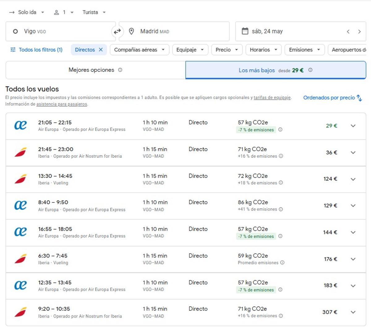 Precios del avión entre Vigo y Madrid el sábado