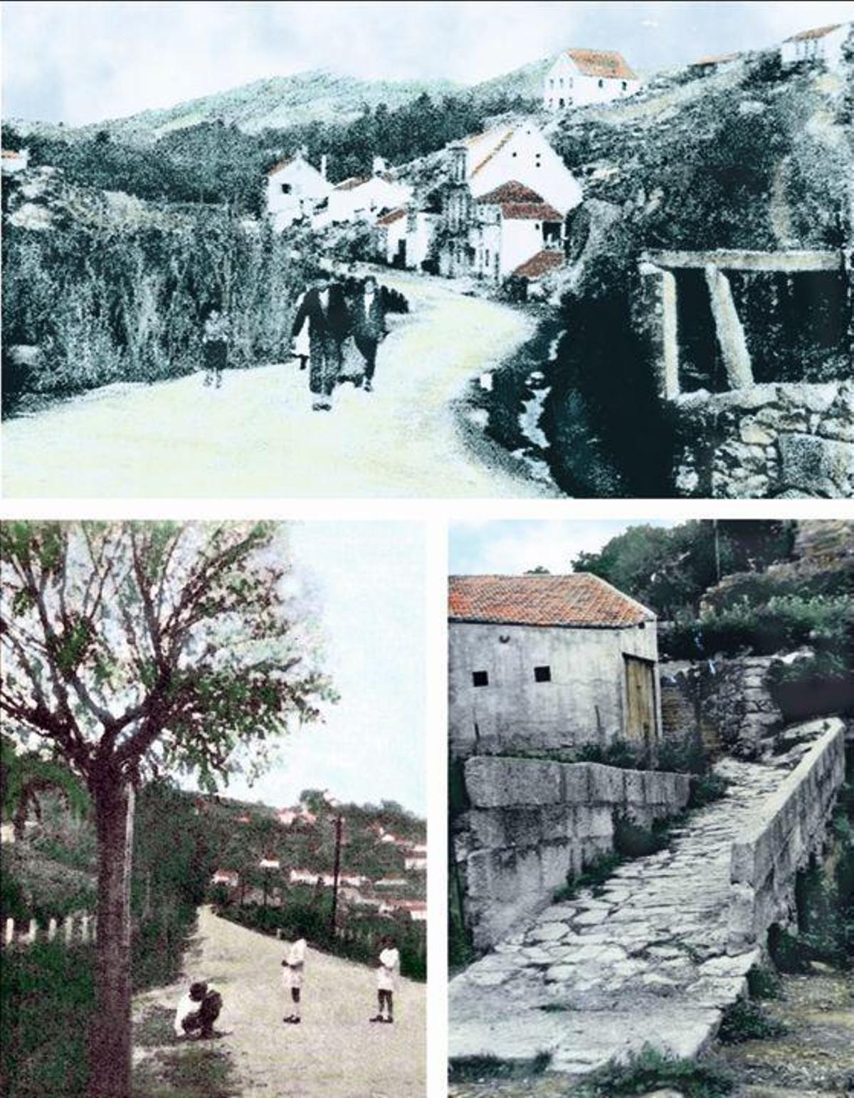 Arriba, os traballos de construción dunha estrada en 1926, con máis xente mirando que traballadores. Á esquerda, un mapa cos principais viais na comarca en 1910.