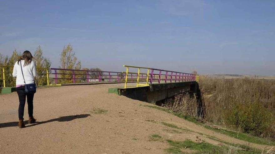 Nuevas barandillas en el puente de Las Zambranas de Villalpando, de color amarillo y morado.