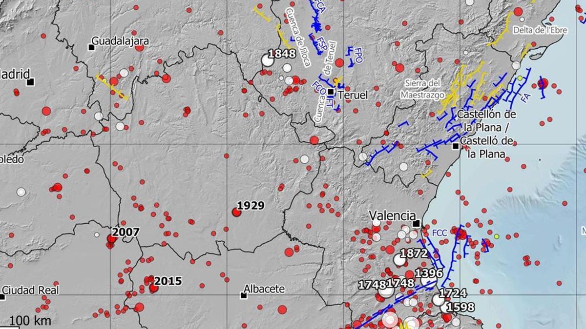 Mapa de los mayores terremotos registrados en España