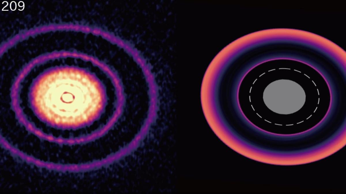 A protoplanetary disk observed by ALMA and another during planetary migration, obtained from the ATERUI II simulation.