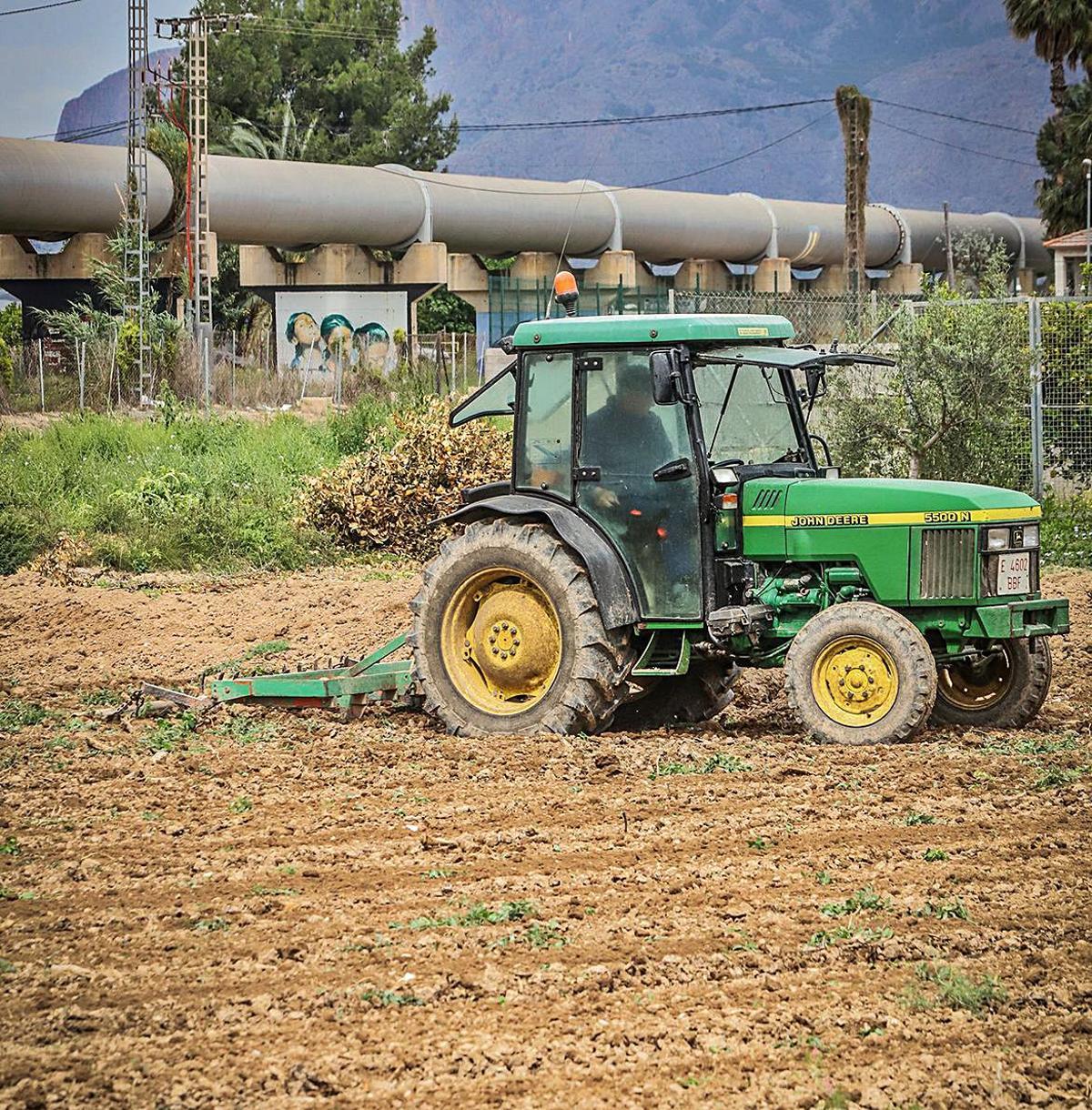 Agricultores trabajando la tierra en la comarca de la Vega Baja, donde todos los municipios también beben agua potable que llega desde el Tajo. | TONY SEVILLA