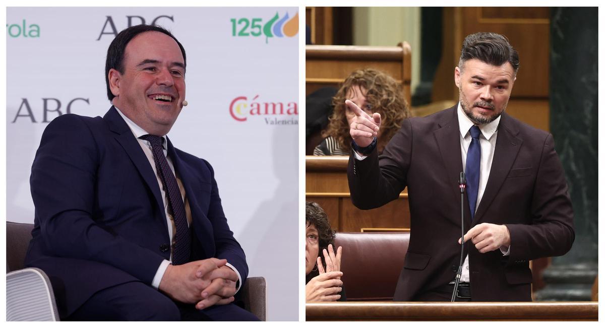 El president de la Generalitat, Juanfran Pérez Llorca, y el portavoz de Esquera Republicana en el Congreos, Gabriel Rufián.