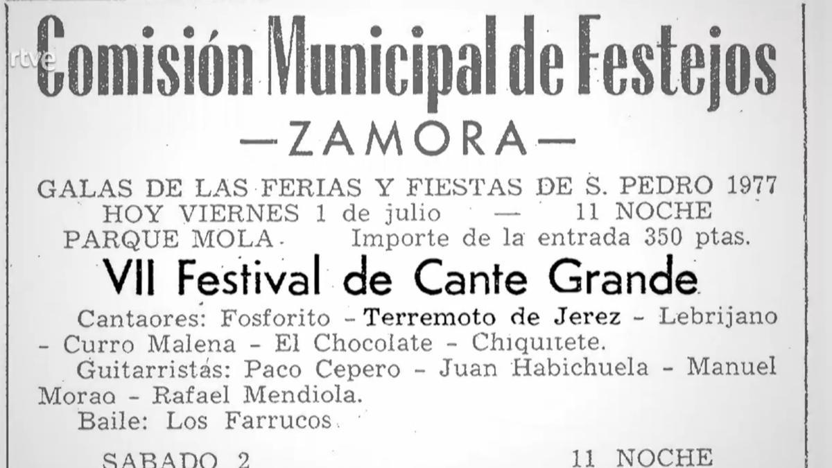 Anuncio del Festival de Cante Grande de Zamora con Terremoto de Jerez como uno de los artistas participantes.