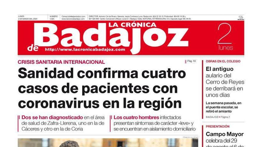 Esta es la portada de LA CRÓNICA DE BADAJOZ correspondiente al día 2 de marzo del 2020