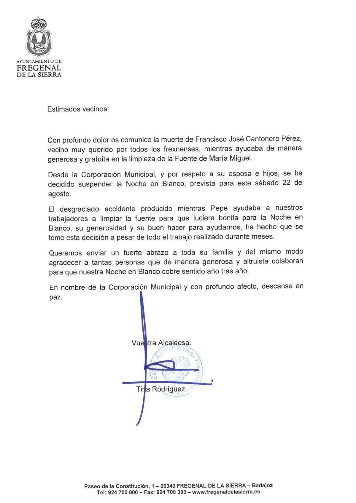 Comunicado del Ayuntamiento de Fregenal de la Sierra tras el trágico accidente que ha costado la vida a su vecino.
