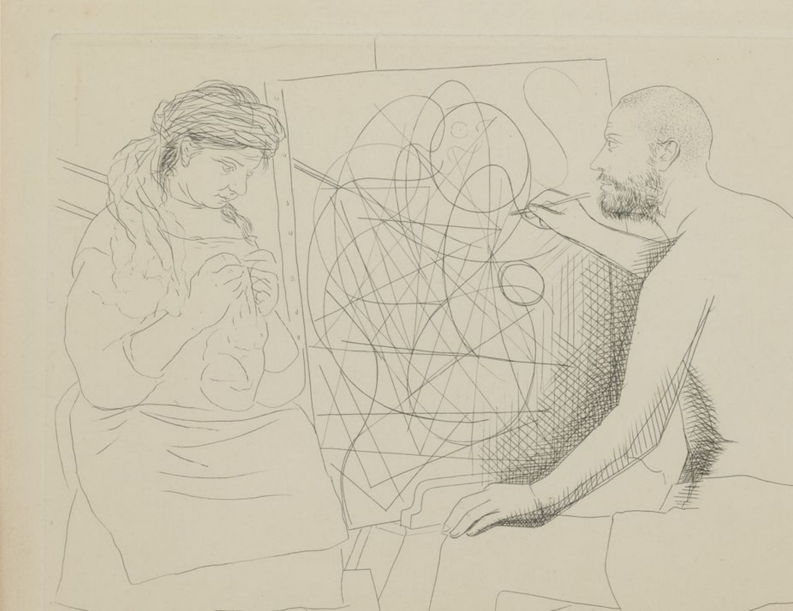 Aguafuerte. “Pintor y modelo tejiendo”, en “Le chef-d’oeuvre inconnu”, de Pablo Picasso.