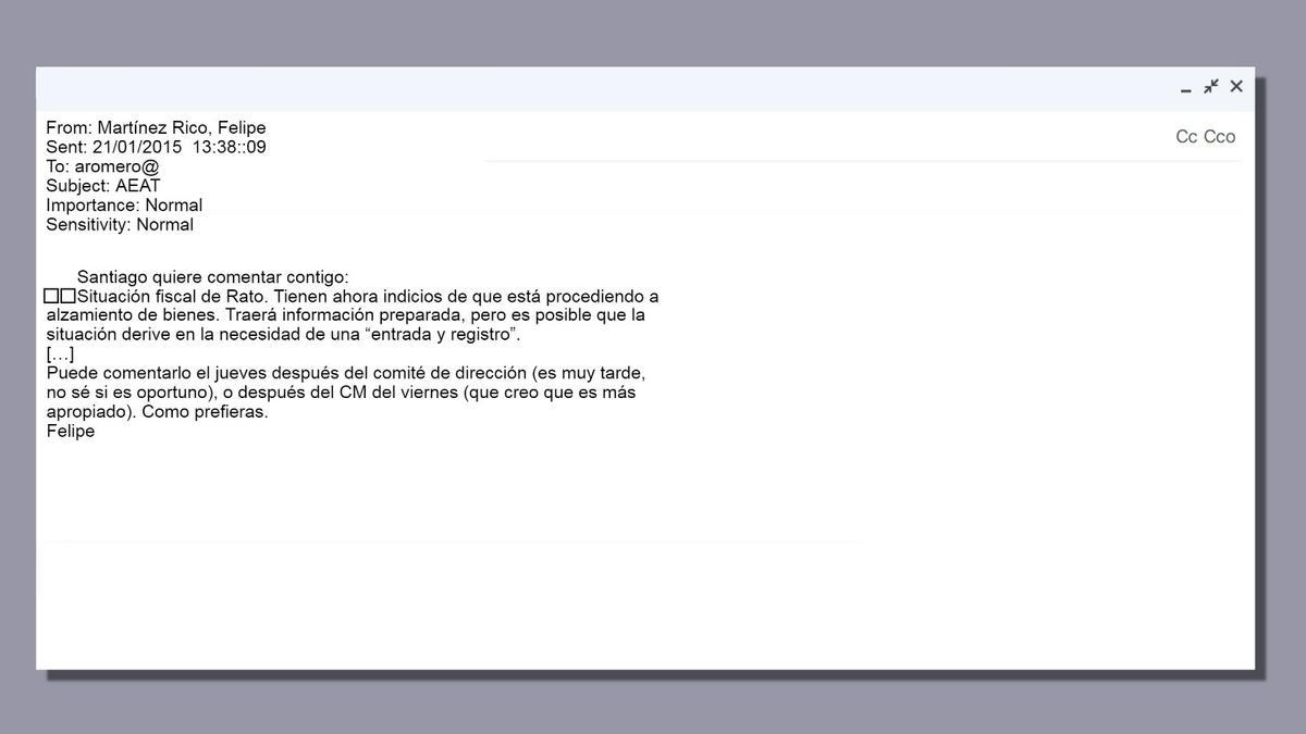 Recreación de un correo electrónico de la cúpula de Hacienda sobre Rodrigo Rato