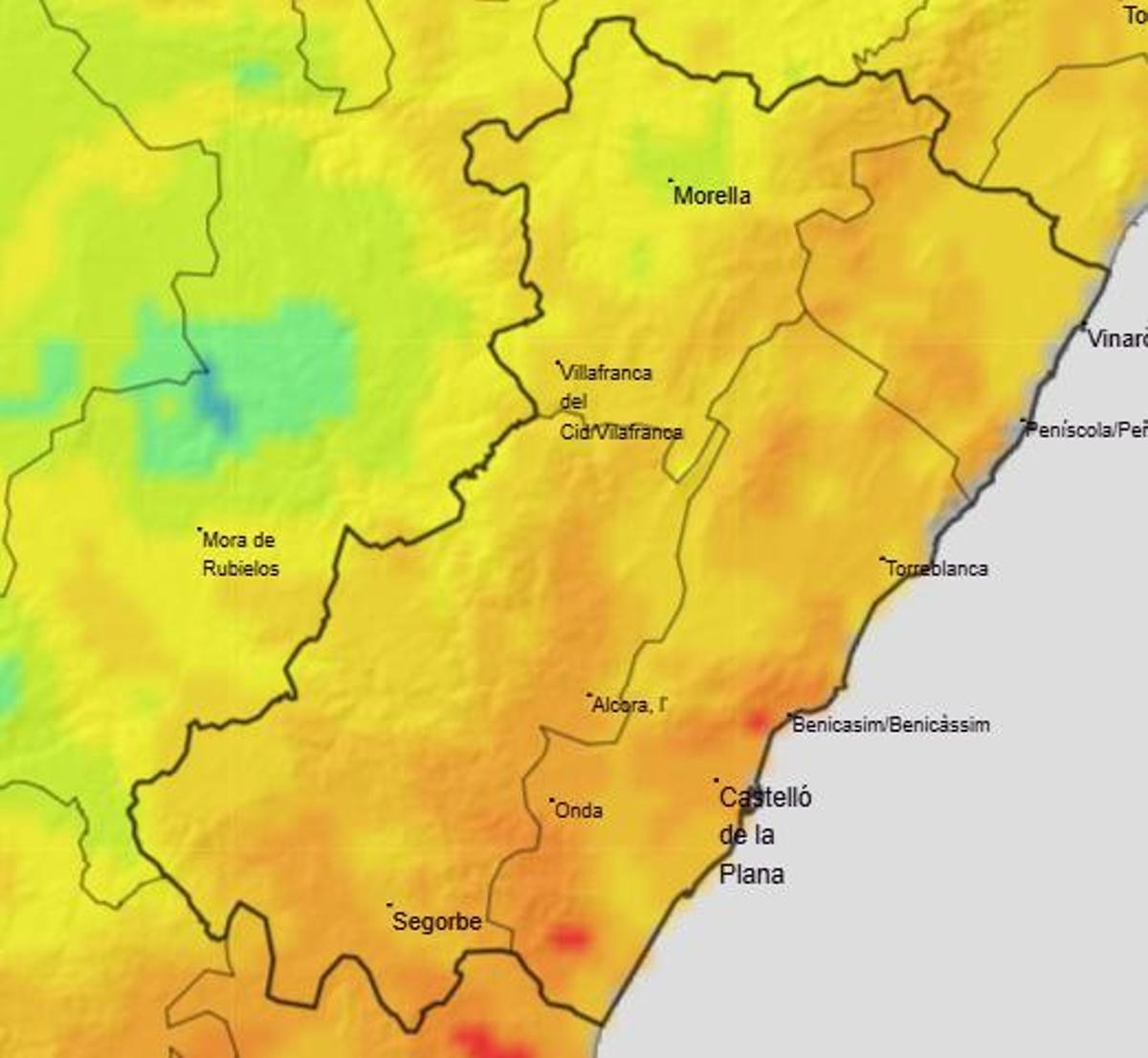 En rojo, las zonas donde las temperaturas máximas de madrugada serán más altas.