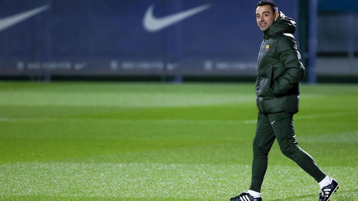 Xavi, en el entrenamiento previo del Barça al debut copero en Barbastro.