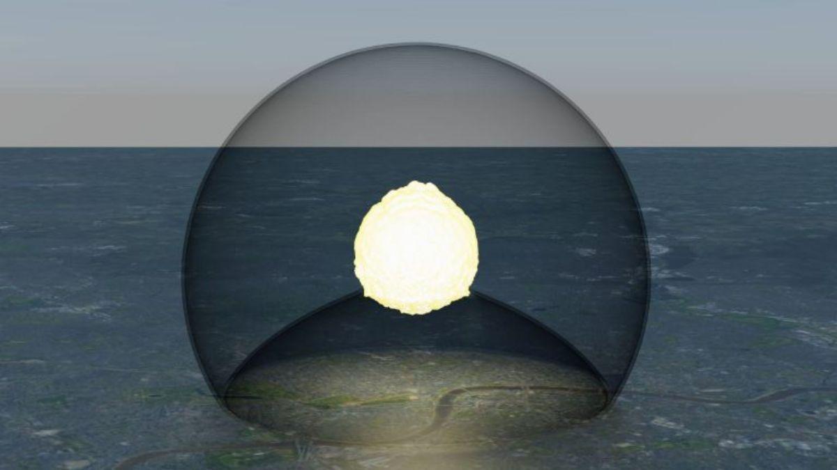 Ilustración 3D de la explosión de aire simulada y la onda expansiva generada 10 segundos después de la detonación de una ojiva nuclear de 750 kT, sobre una ciudad metropolitana típica: el radio de la burbuja de choque a nivel del suelo es de 4,6 km.