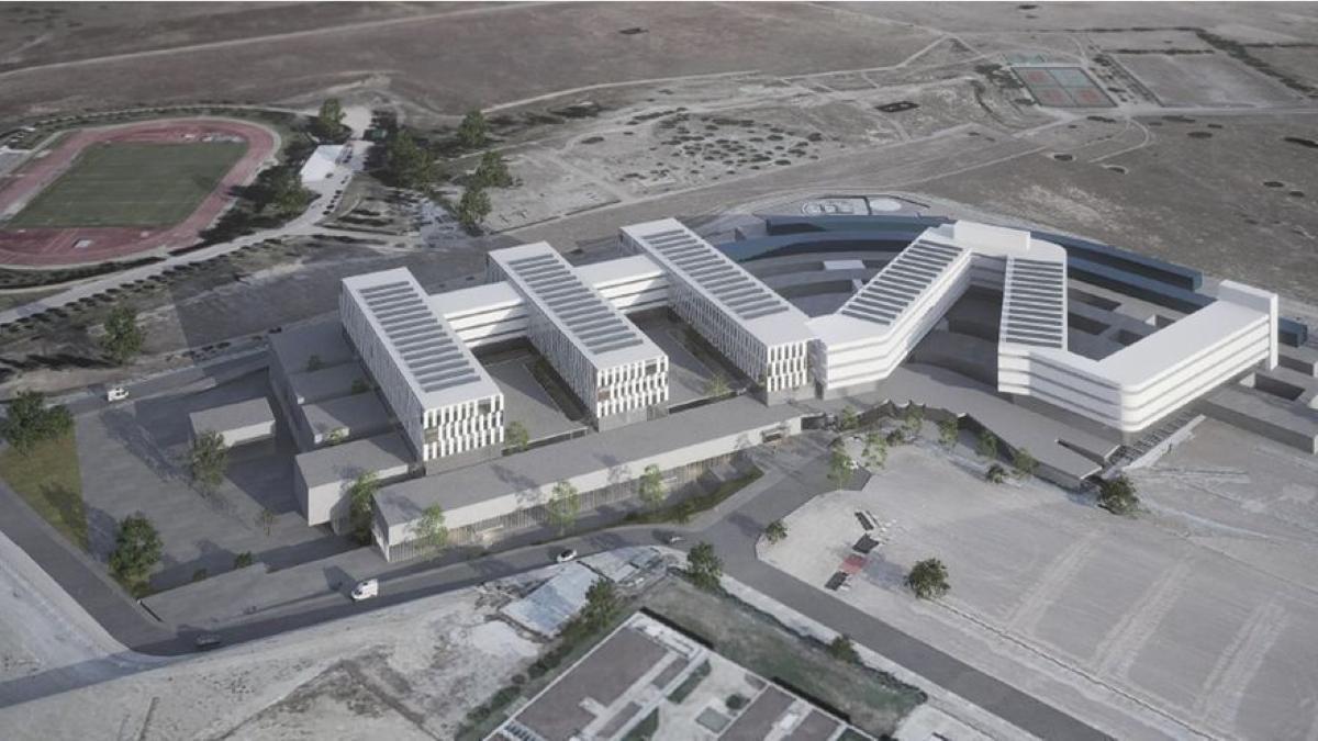 Recreación de Sanidad que ilustra el Hospital Universitario de Cáceres ya con las dos fases ultimadas (a la izquierda, los tres módulos nuevos a ejecutar) .