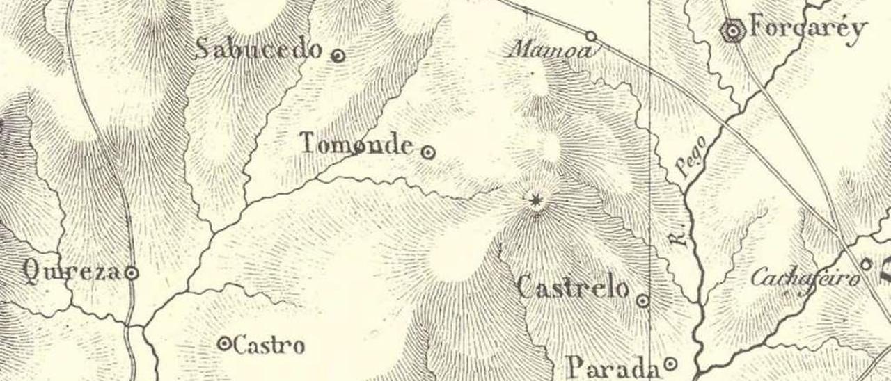 Mapa de 1845 que muestra el trazado de los caminos jacobeos por Codeseda, según Luis Ferro.