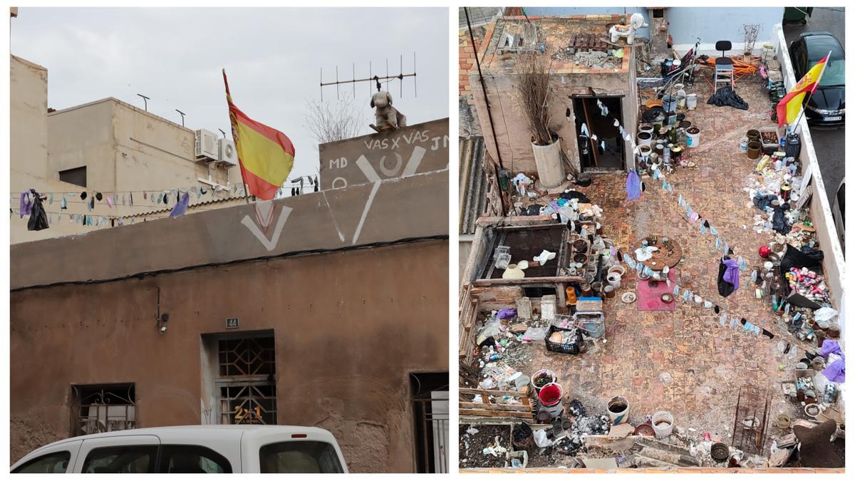 Imagen de la fachada de la polémica vivienda (i) y del estado de la terraza repleta de basura (d).