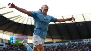 Haaland celebra uno de sus goles con el City.