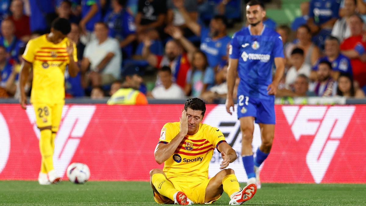 Robert Lewandowski of FC Barcelona hurts during the spanish league, La Liga EA Sports, football match played between Getafe CF and FC Barcelona at Coliseum Alfonso Perez stadium on August 13, 2023, in Getafe, Madrid, Spain.