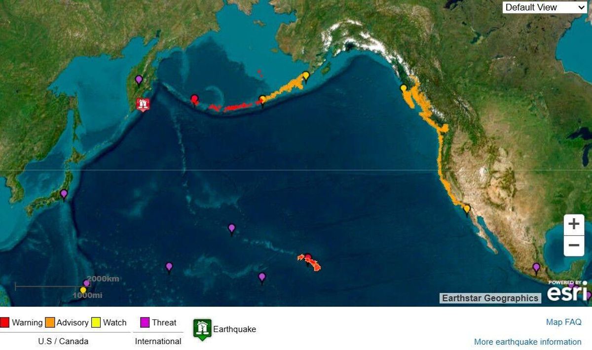 Imatge del Servei Meteorològic dels Estats Units que mostra l'alerta per Tsunamis