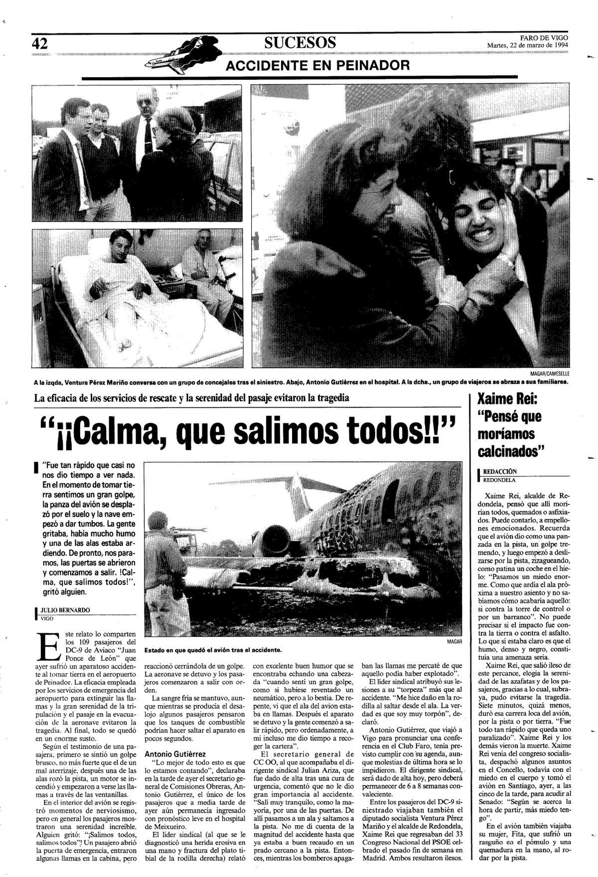 Página de FARO DE VIGO del 22 de marzo de 1994 sobre el accidente de Aviaco en Peinador
