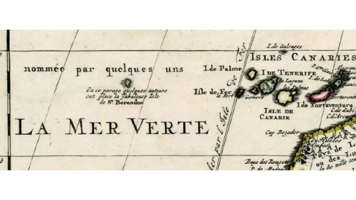 Isla de San Borondón, al oeste de las Islas Canarias, según una de las cientos de cartas náuticas en las que aparece.