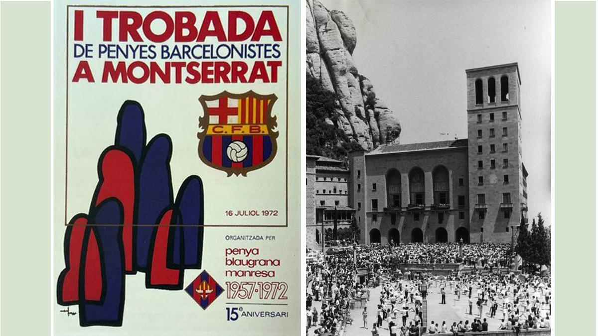 El cartel de la primera Trobada de Penyes Barcelonistes (1972) y una imagen de la plaza del monasterio