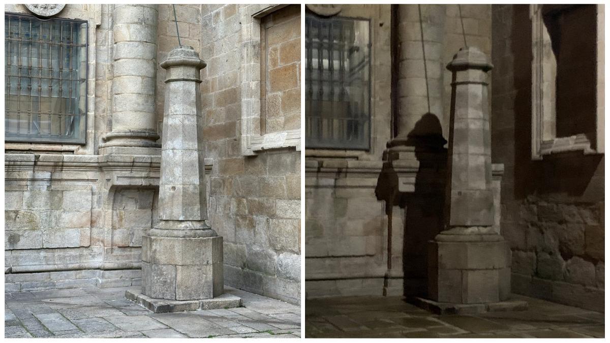 Un juego de luz provoca la proyección de una peregrino contra el muro de la Catedral