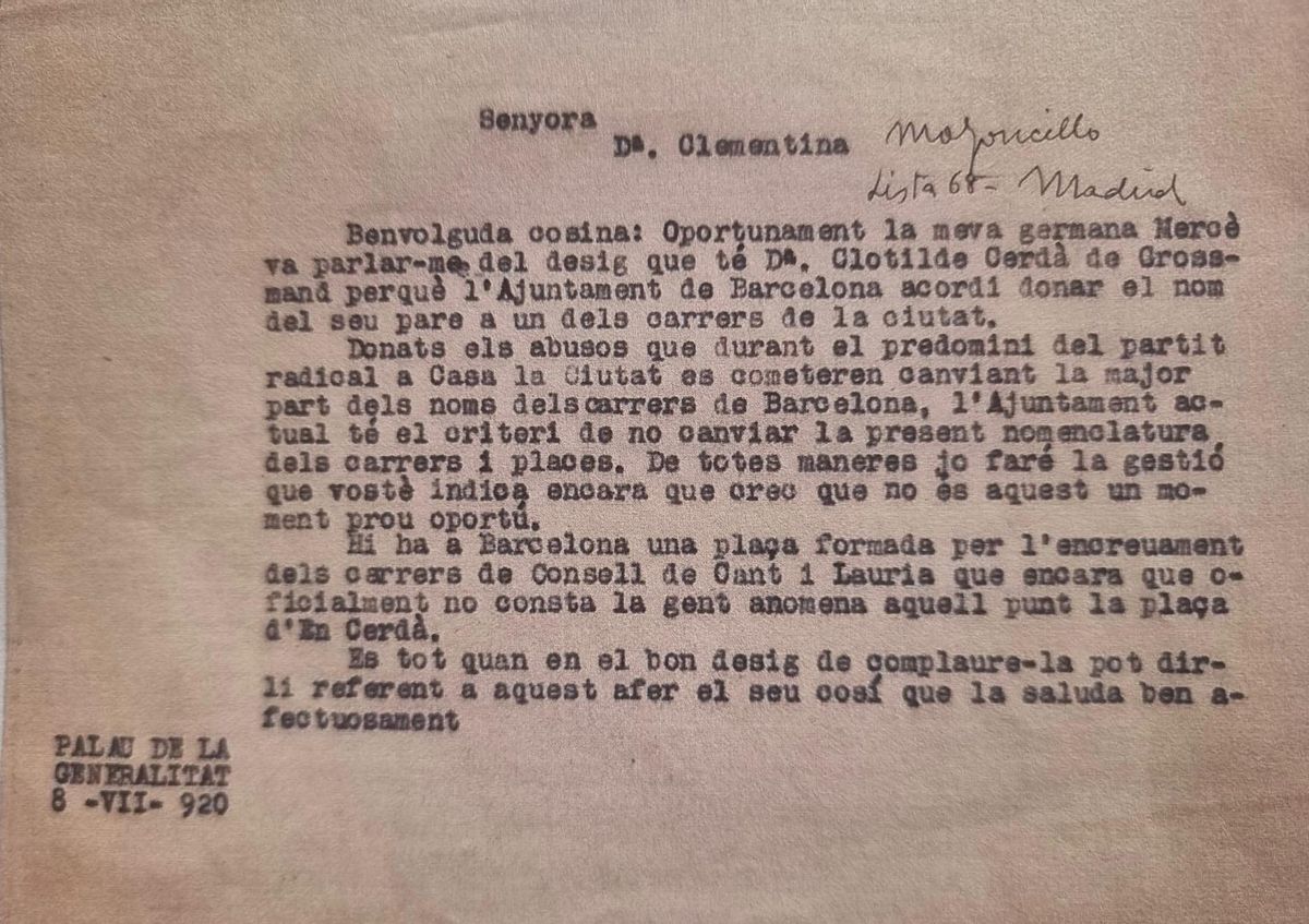 Una de las dos cartas de Puig i Cadafalch a su prima Clementina, amiga de Clotilde Cerdà