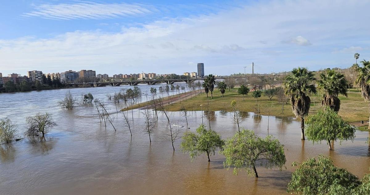 Imagen de la capital pacense, con el Guadiana en máximos tras haber pasado el pico de la crecida esta madrugada.