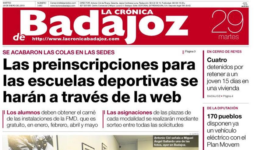 Esta es la portada de LA CRÓNICA DE BADAJOZ correspondiente al día 29 de enero del 2019