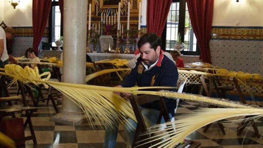 El taller de elaboración de palma blanca procedente de Elche que se lleva a cabo en la casa de hermandad de la Divina Pastora y Santa Marina de Sevilla.