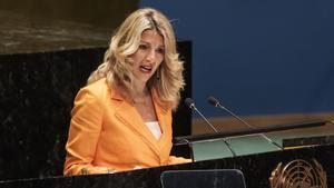 La vicepresidenta segunda y ministra de Trabajo, Yolanda Díaz, durante su intervención en la ONU.