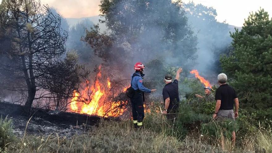 Bombers i voluntaris treballen per extingir un foc al Solsonès