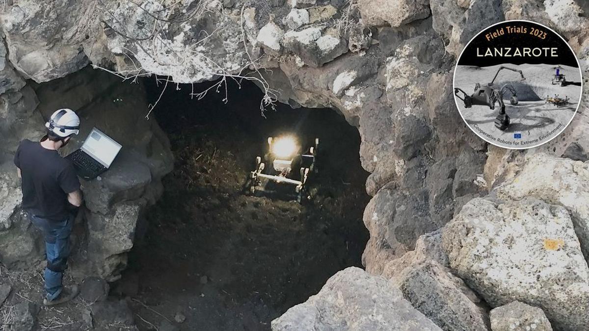 Momento de la exploración robótica de la cueva lanzaroteña, similar a una cueva lunar.