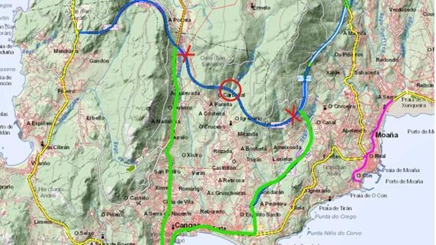 Mapa con el viaducto a arreglar (en un círculo) y los desvíos (con cruces).