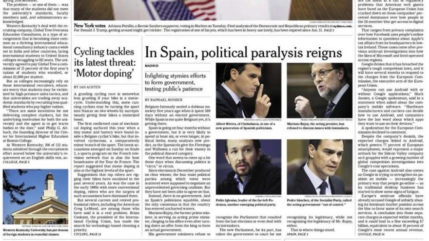 &#039;The New York Times&#039; lleva a su portada la &quot;parálisis política&quot; en España